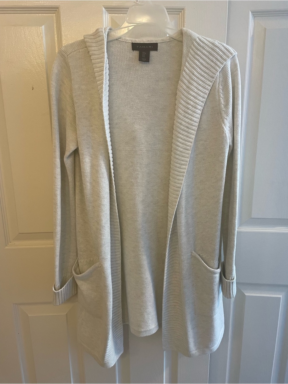 Tahari long cotton cream/tan cardigan , Sz S, hooded